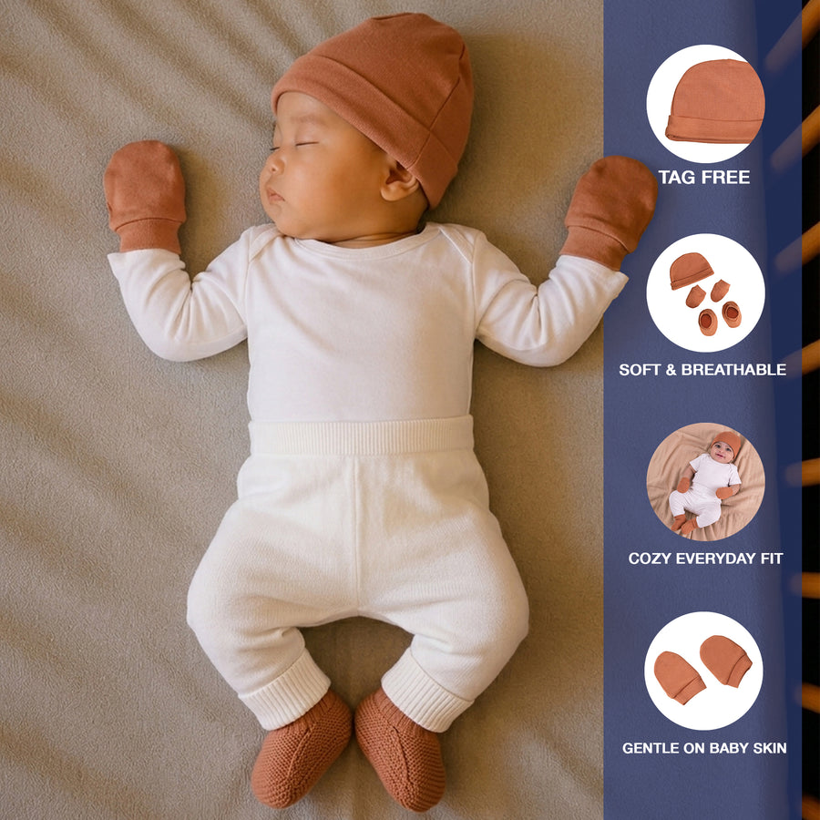 Cap, Mitten & Booties - Beige Color