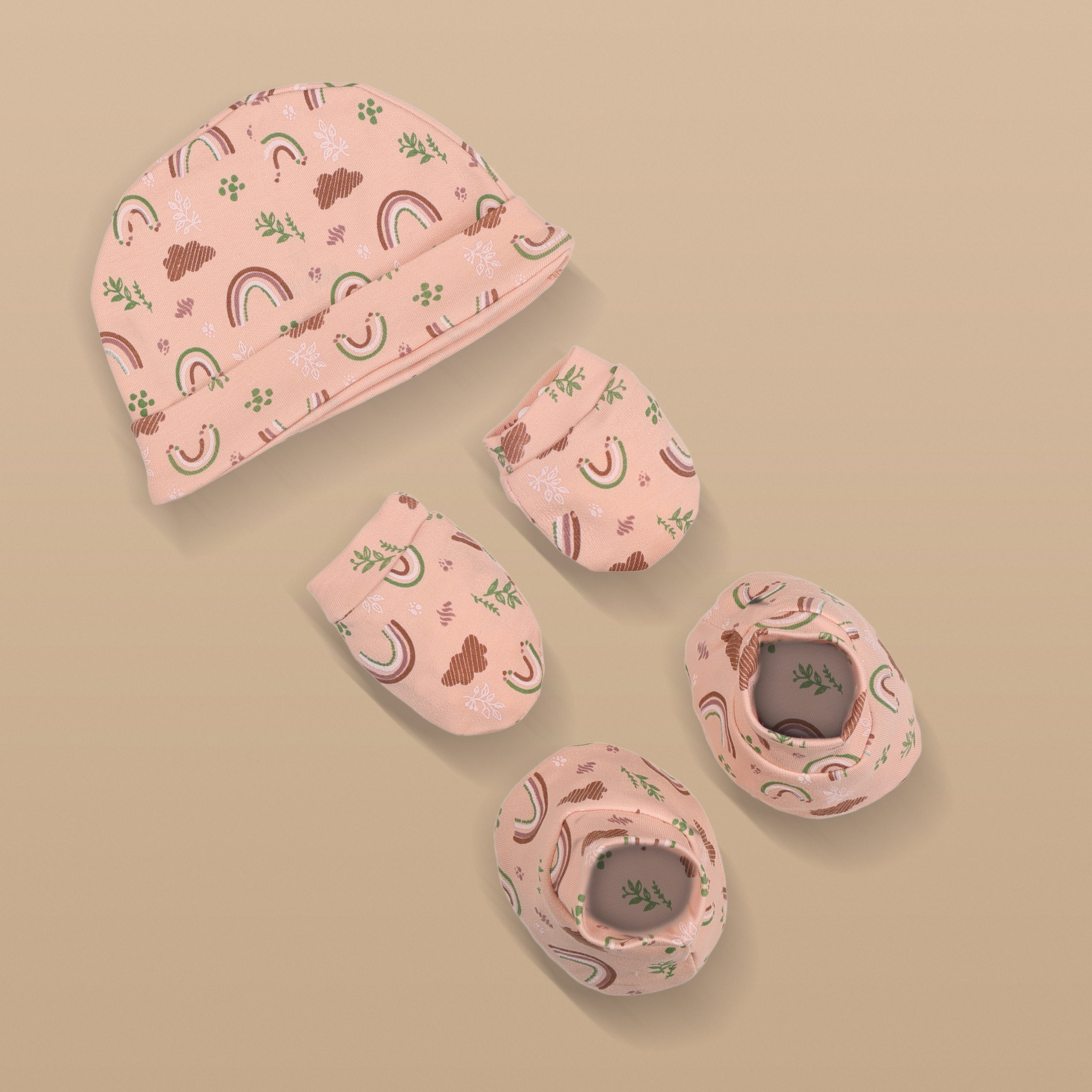 Cap, Mitten & Booties - Rainbow Print
