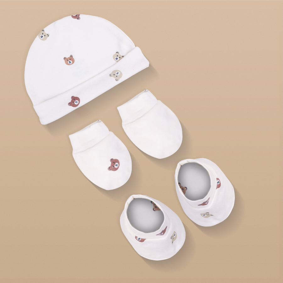 Cap, Mitten & Booties - Teddy Print