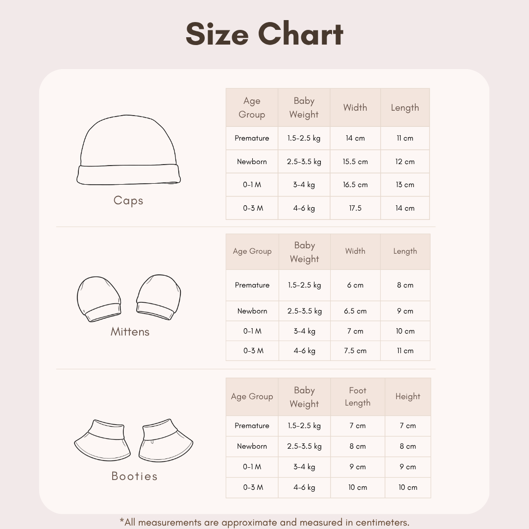 Cap, Mitten & Booties - Beige Color size chart