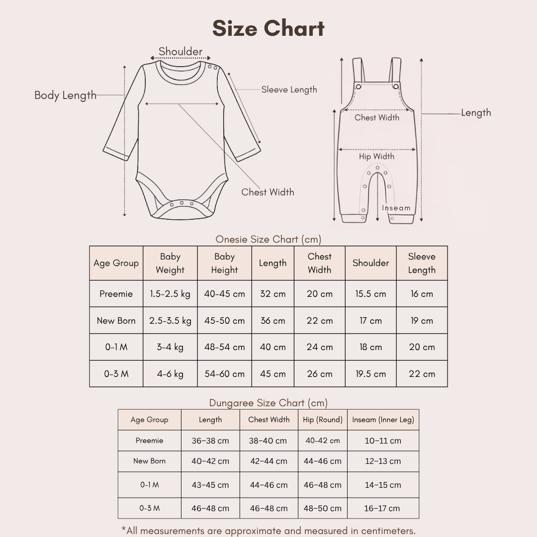 Dungaree Set - Elephant Print & Lion Print size chart